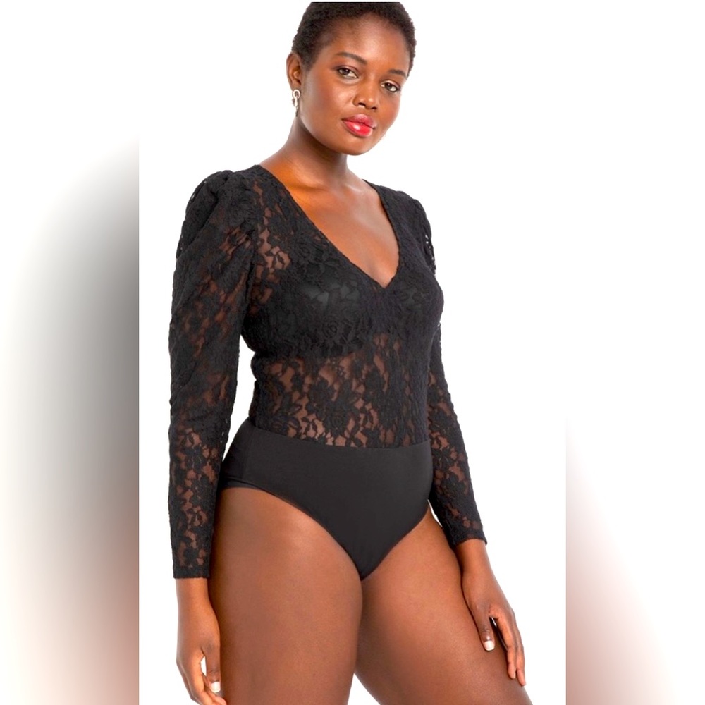 New! Eloquii Sheer Lace Puff Sleeve Bodysuit